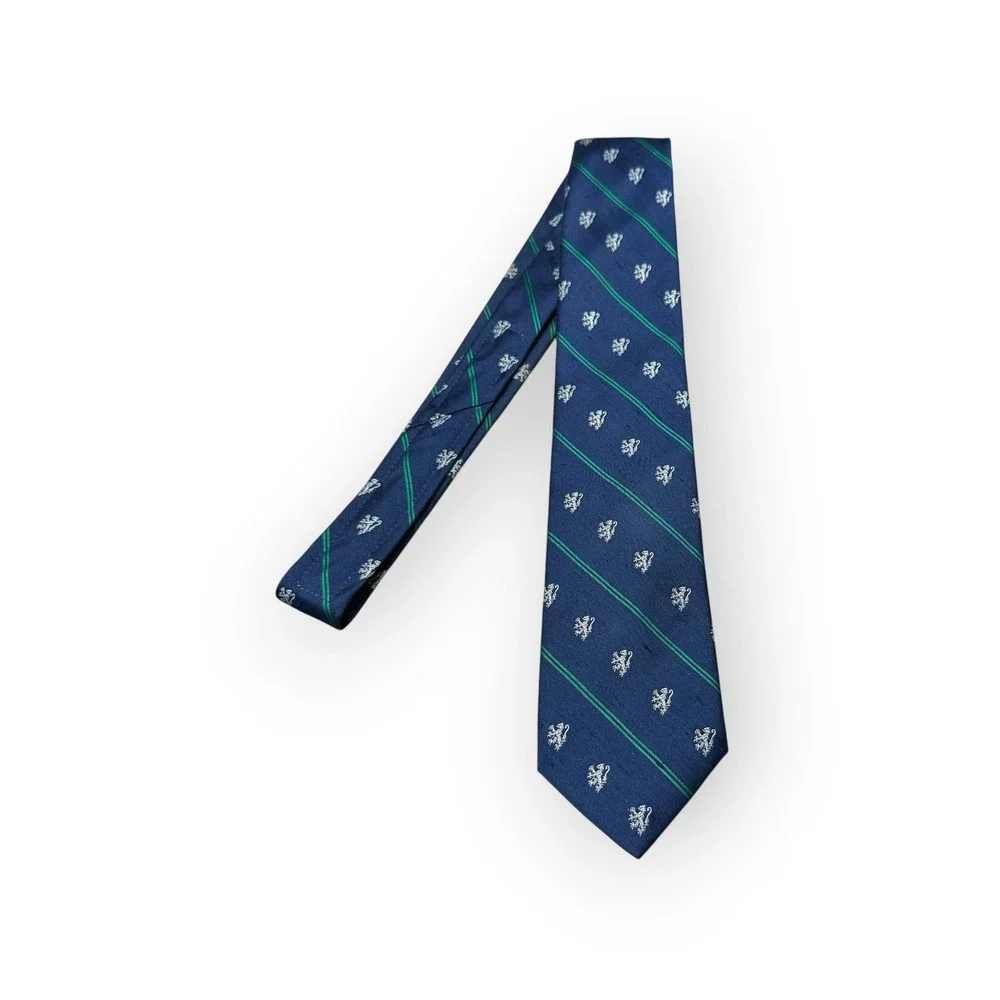 Briar Pride of England Navy Blue Rampant Lion Crest Green Stripe Silk Necktie